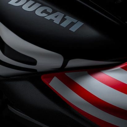 a close-up side view of a Ducati Diavel V4 RS