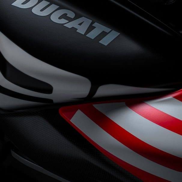 a close-up side view of a Ducati Diavel V4 RS