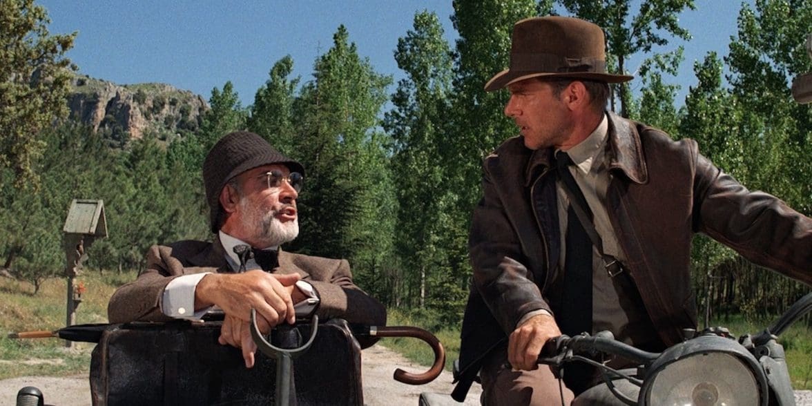 Harrison Ford ("Indiana Jones") and Sean Connery ("Professor Henry Walton Jones, Sr.") sitting on the Ural motorcycle kitted out for "Indiana Jones: The Last Crusade" (1989). Media sourced from Cinema Faith.