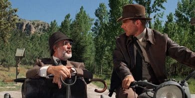 Harrison Ford ("Indiana Jones") and Sean Connery ("Professor Henry Walton Jones, Sr.") sitting on the Ural motorcycle kitted out for "Indiana Jones: The Last Crusade" (1989). Media sourced from Cinema Faith.