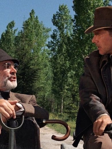 Harrison Ford ("Indiana Jones") and Sean Connery ("Professor Henry Walton Jones, Sr.") sitting on the Ural motorcycle kitted out for "Indiana Jones: The Last Crusade" (1989). Media sourced from Cinema Faith.