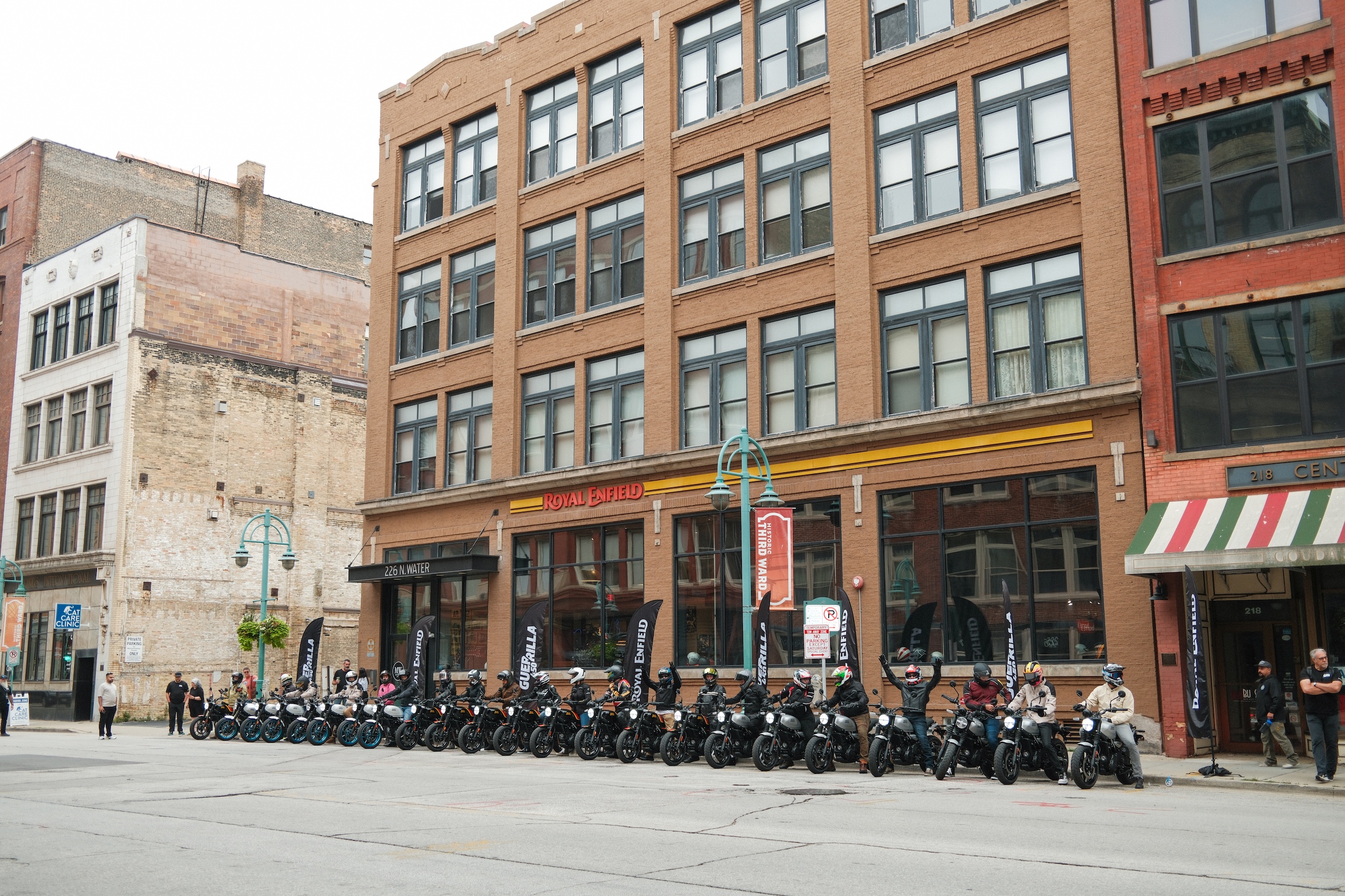 A view of Royal Enfield motoryccles lined up near their headquarters in Milwaukee, Wiscosin. Media sourced from Royal Enfield's team. 