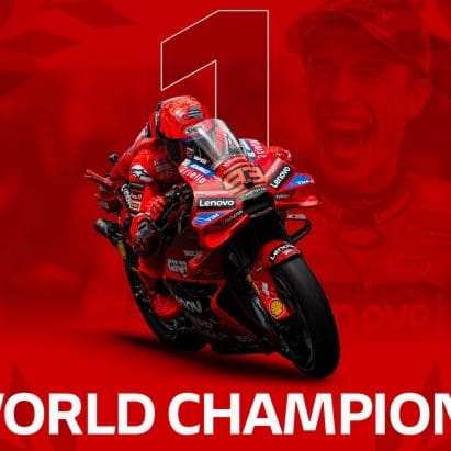 A view of Marc Marquez aboard his Desmosedici GP machine. Media sourced from Ducati.