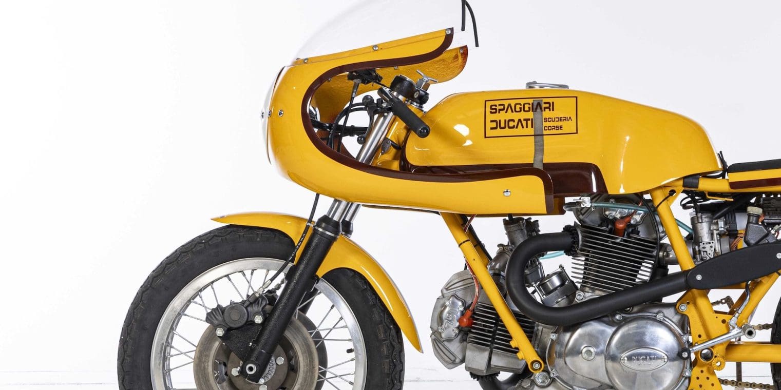 An Ex-Scuderia Spaggiari, c.1974, Ducati - similar to the style that will inspire the new "Formula '73" machine Ducati is currently working on. Media sourced from Bunhams auctions.