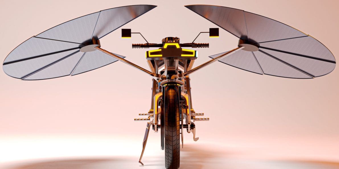 A view of the new solar-powered motorcycle concept from MASK Architects. Media sourced from MASK Architects.