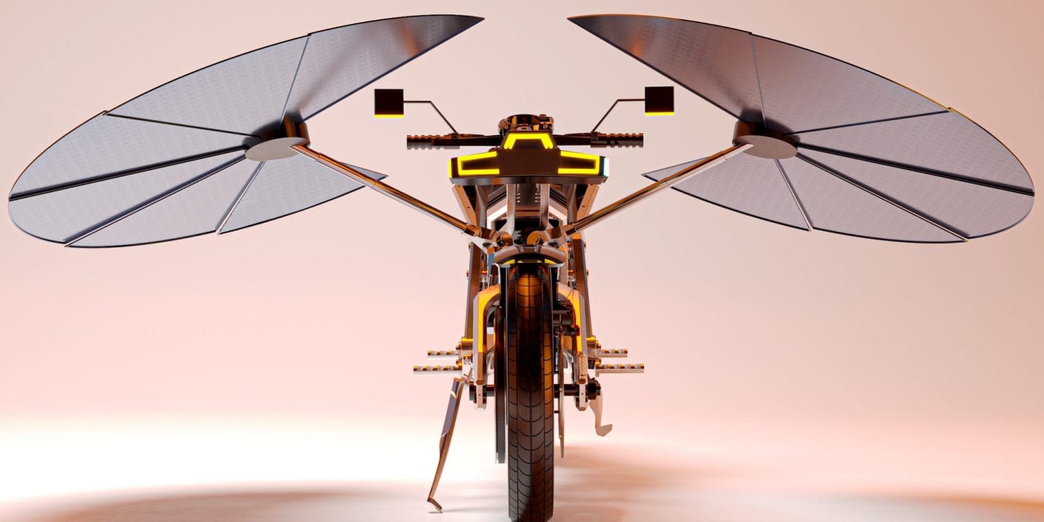 A view of the new solar-powered motorcycle concept from MASK Architects. Media sourced from MASK Architects.