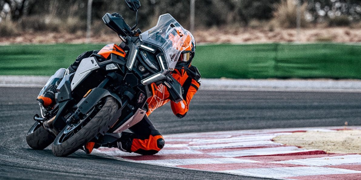 A view of KTM's new 2026 1390 Super Adventure S EVO on the racetrack. Media sourced from KTM.
