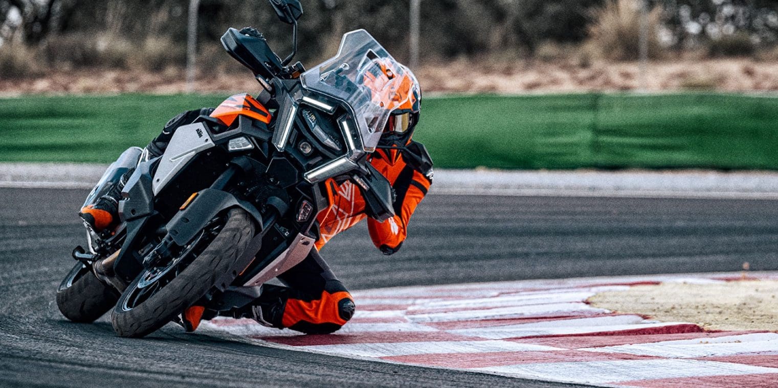 A view of KTM's new 2026 1390 Super Adventure S EVO on the racetrack. Media sourced from KTM.