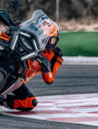 A view of KTM's new 2026 1390 Super Adventure S EVO on the racetrack. Media sourced from KTM.