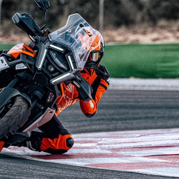 A view of KTM's new 2026 1390 Super Adventure S EVO on the racetrack. Media sourced from KTM.