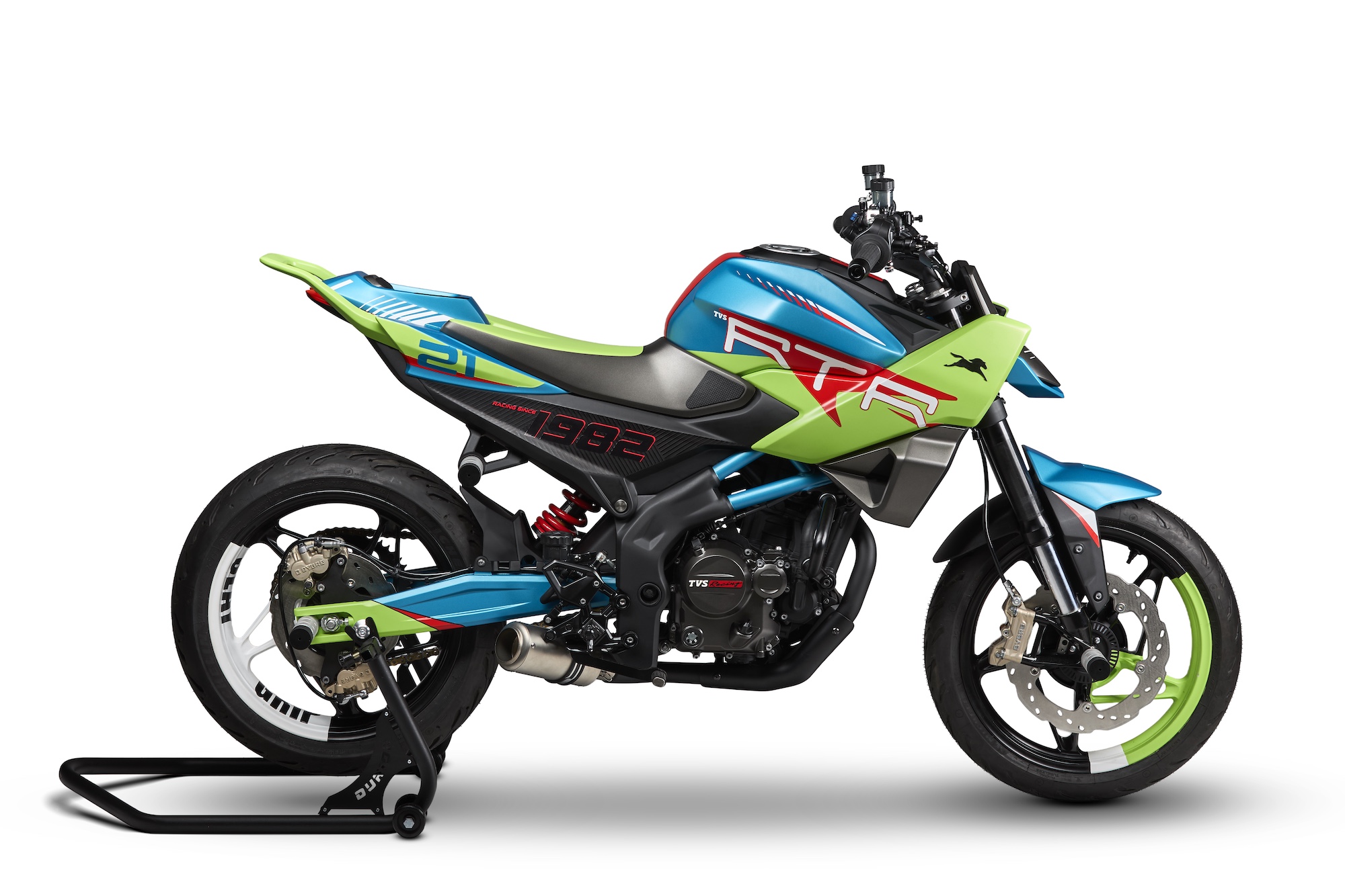 TVS's new HyprStunt, a machine debuted at EICMA 2025 and likely be a new factory-built stunt bike for the new riding season. Media sourced from TVS.