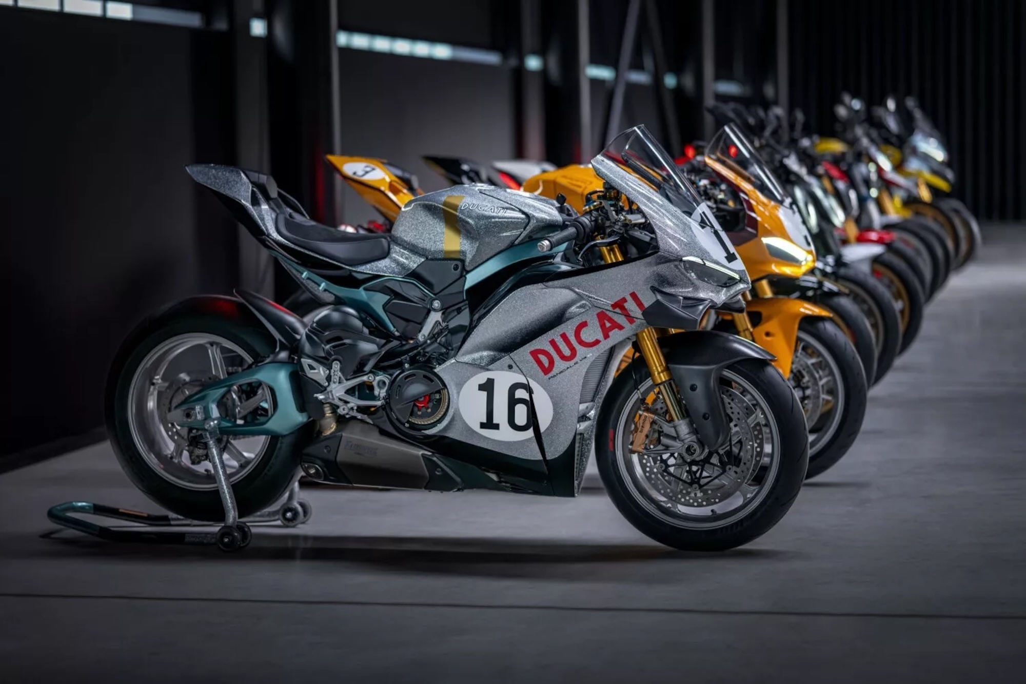 A view of Ducati's new Collezione 100 - a collection of motorcycles inspired by the Mugello circuit and many memorable heritage Ducati machines. Media sourced from Ducati.