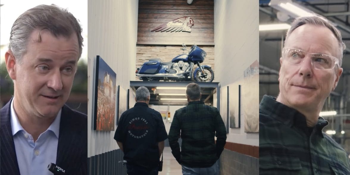 A picture of Artie Starrs (Harley-Davidson's new CEO) set against the backdrop of a hallways in Indian Motorcycles' factory, with new CEO Mike Kennedy placed at the right. Media sourced from Wuhan Talks and Indian Motorcycles.