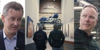 A picture of Artie Starrs (Harley-Davidson's new CEO) set against the backdrop of a hallways in Indian Motorcycles' factory, with new CEO Mike Kennedy placed at the right. Media sourced from Wuhan Talks and Indian Motorcycles.