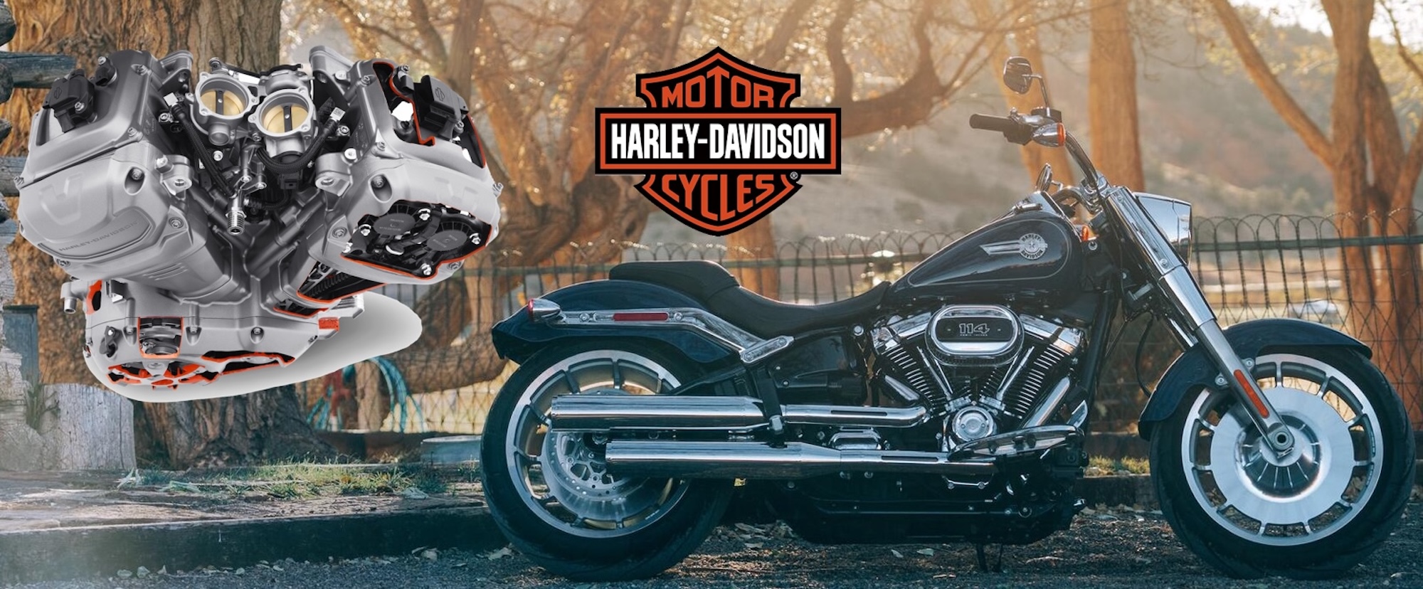 A view of a max revolution engine next to a Fat Bob. Media sourced from Harley-Davidson.