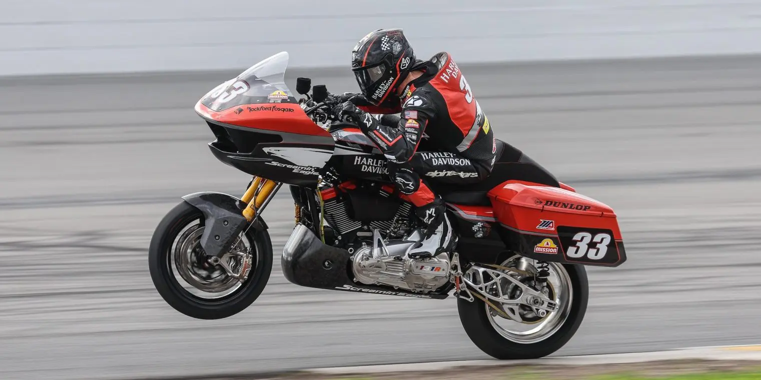 Kyle Wyman aboard his Harley-Davidson bagger in the 2026 King of the Baggers race. Media sourced from KOTB.