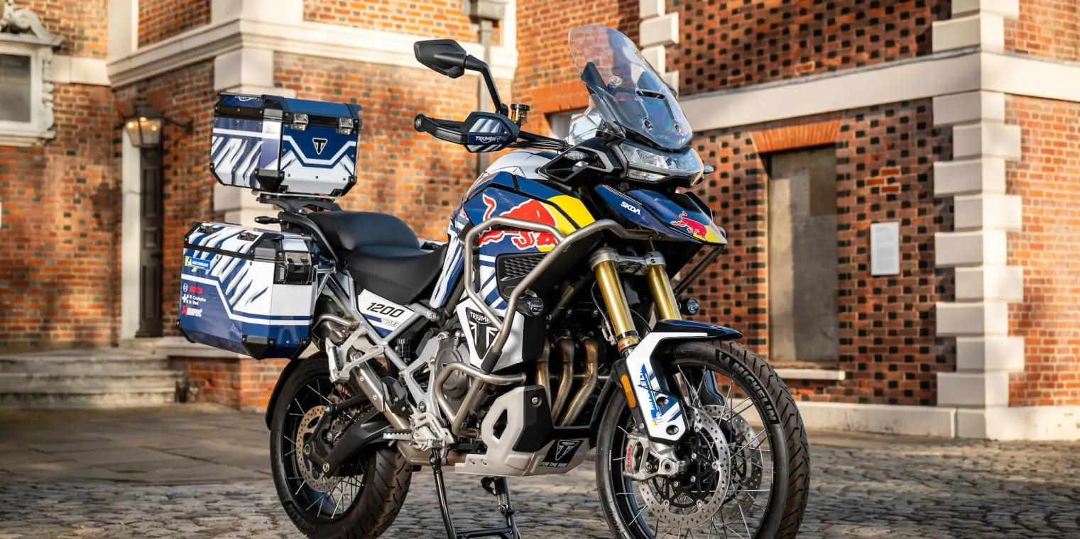 A view of Sam Sunderland's Triumph Tiger in preparation to circumnavigate the world in under 19 days. Media sourced from Red Bull.