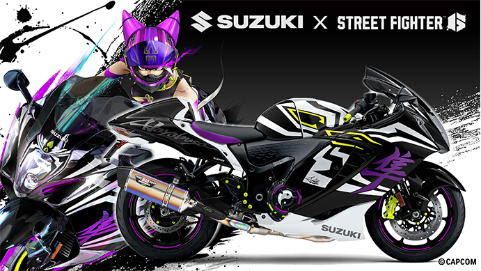 A view of the new collaboration between Suzuki Cycles and CAPCOM, showing a new livery inspired by Street Fighters 6 character Juri. Media sourced from Suzuki Cycles.