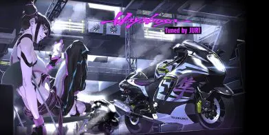 A view of the new collaboration between Suzuki Cycles and CAPCOM, showing a new livery inspired by Street Fighters 6 character Juri. Media sourced from Suzuki Cycles.