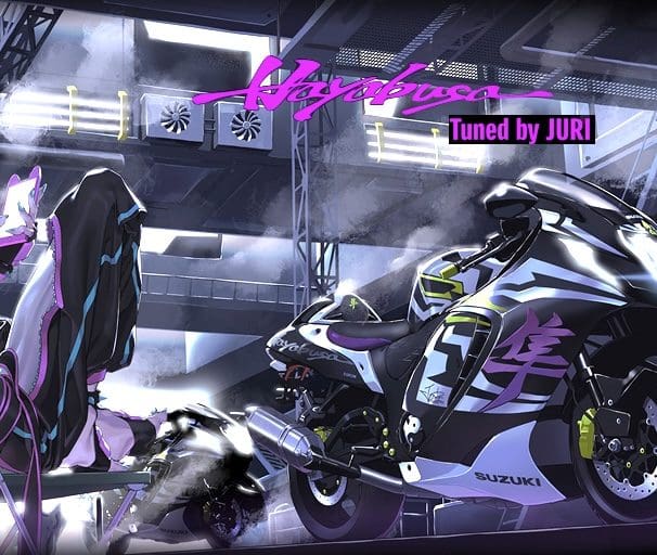 A view of the new collaboration between Suzuki Cycles and CAPCOM, showing a new livery inspired by Street Fighters 6 character Juri. Media sourced from Suzuki Cycles.