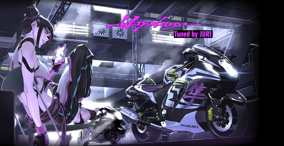 A view of the new collaboration between Suzuki Cycles and CAPCOM, showing a new livery inspired by Street Fighters 6 character Juri. Media sourced from Suzuki Cycles.